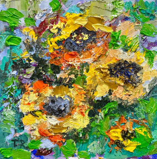 Sunflowers Oil Painting 6x6, Original Floral Botanical Wall Art, Flowers on Canvas Panel
