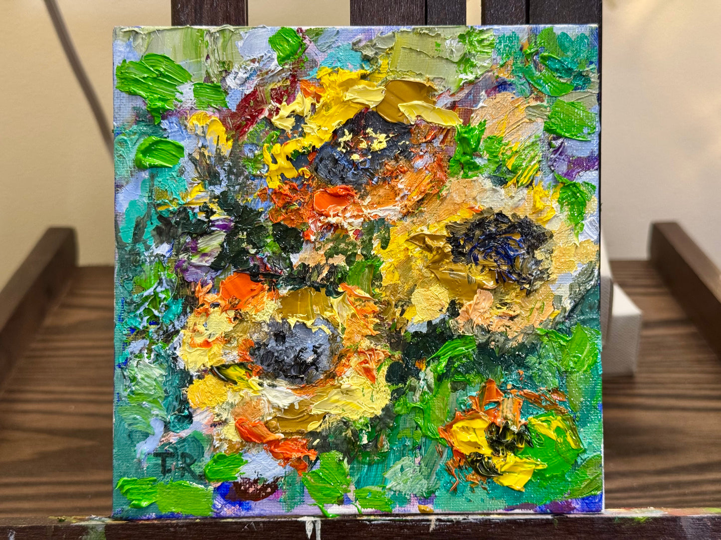 Sunflowers Oil Painting 6x6, Original Floral Botanical Wall Art, Flowers on Canvas Panel