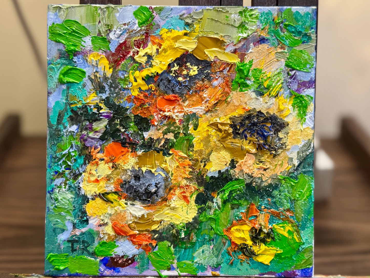 Sunflowers Oil Painting 6x6, Original Floral Botanical Wall Art, Flowers on Canvas Panel