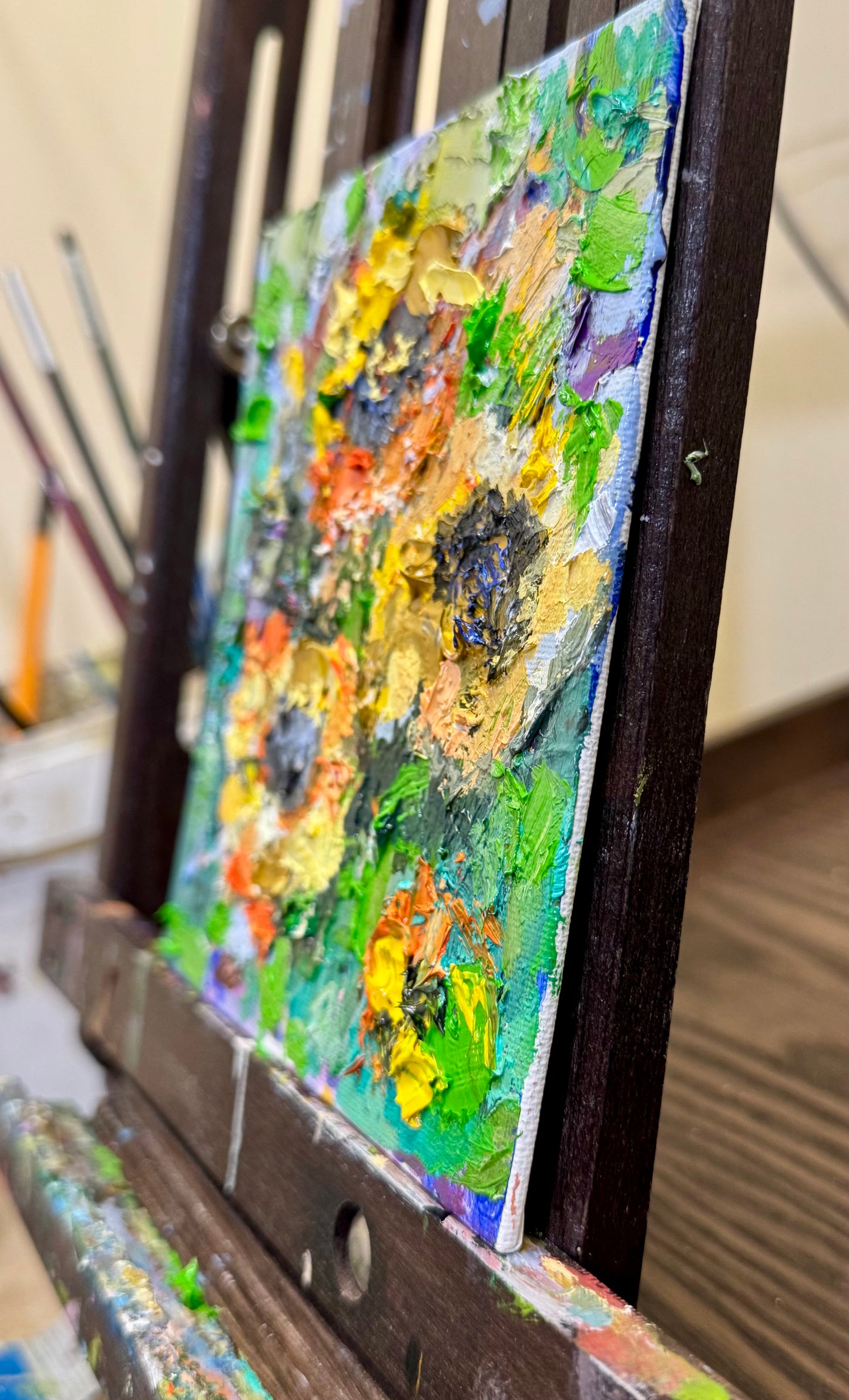 Sunflowers Oil Painting 6x6, Original Floral Botanical Wall Art, Flowers on Canvas Panel