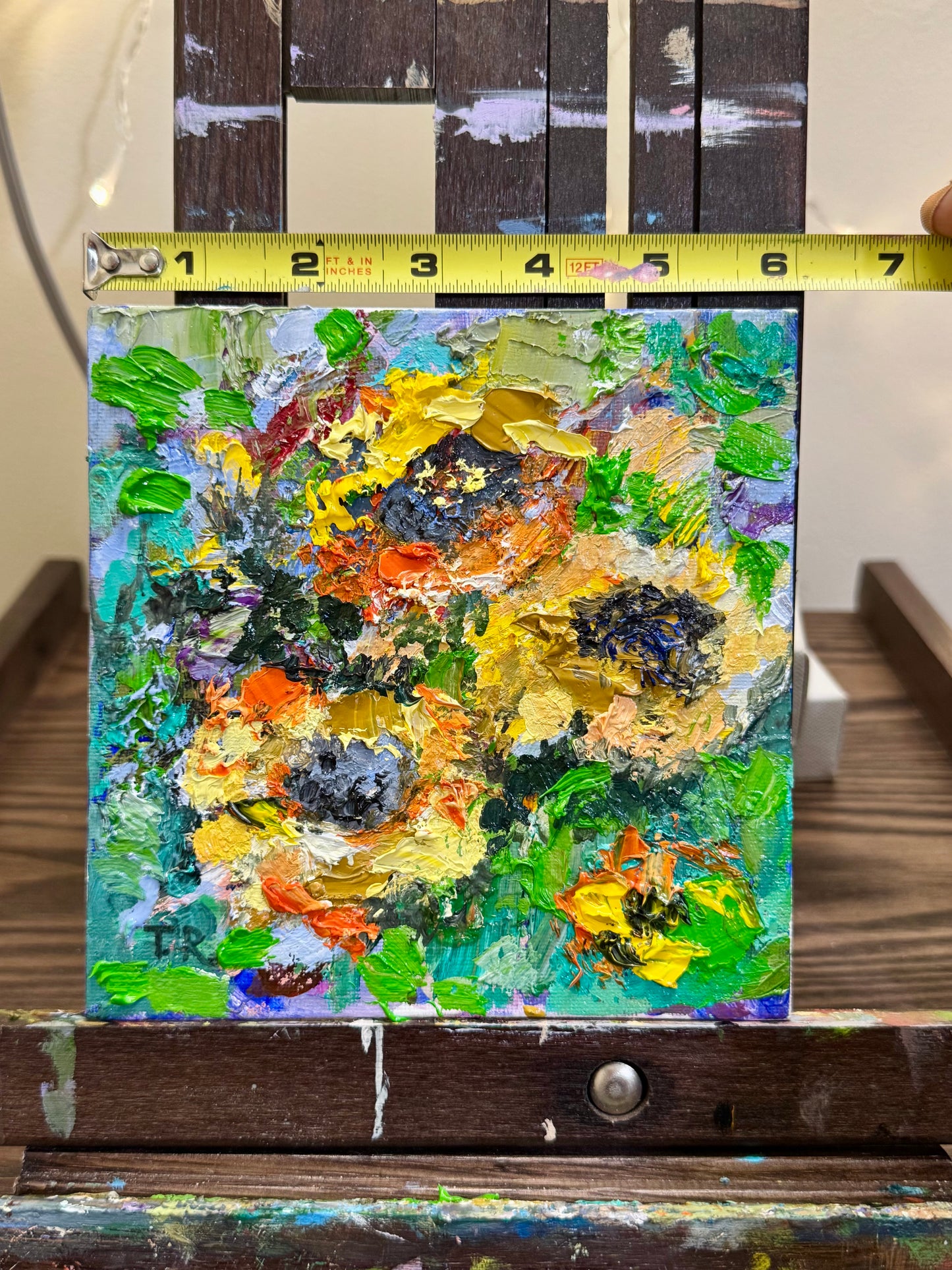 Sunflowers Oil Painting 6x6, Original Floral Botanical Wall Art, Flowers on Canvas Panel