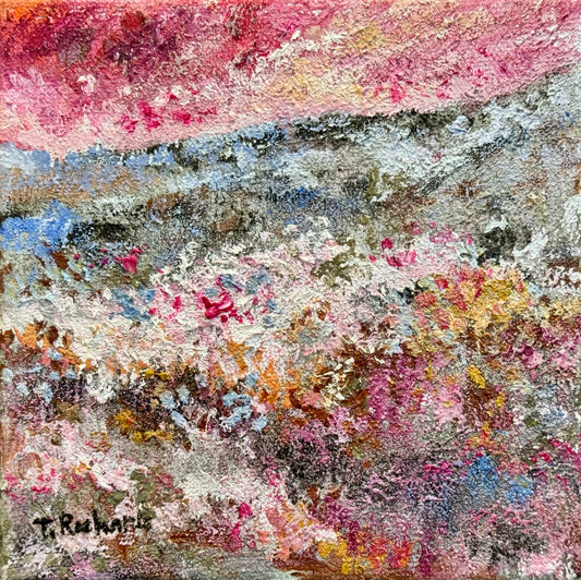 Red Sunset Oil Painting 6x6, Original Art Landscape, Flower Field Wall Art, Meadow Artwork