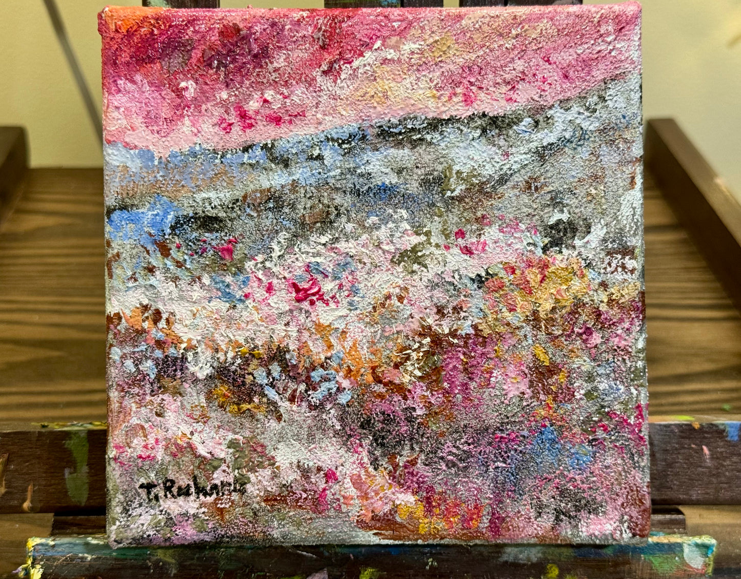 Red Sunset Oil Painting 6x6, Original Art Landscape, Flower Field Wall Art, Meadow Artwork