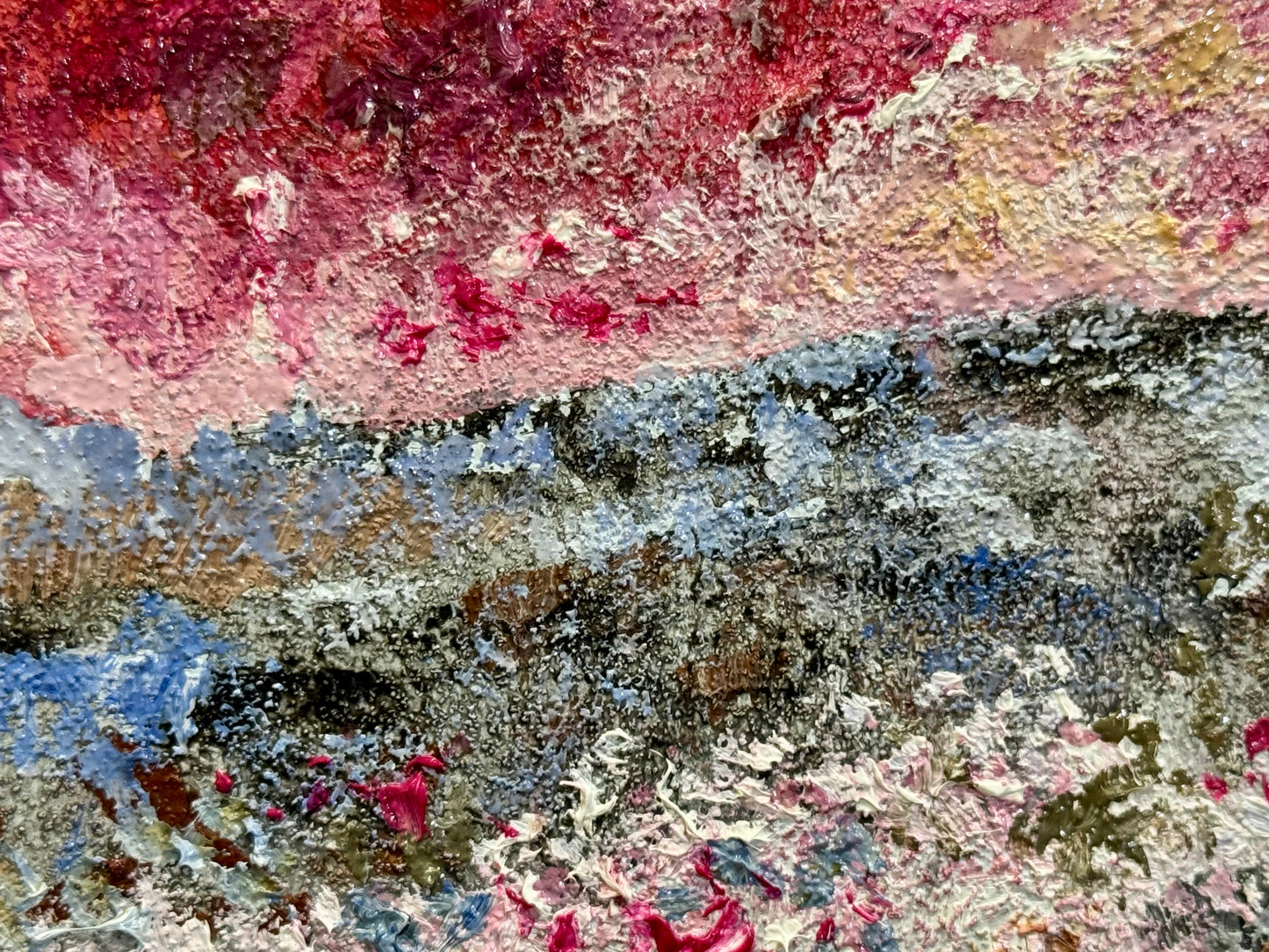 Red Sunset Oil Painting 6x6, Original Art Landscape, Flower Field Wall Art, Meadow Artwork