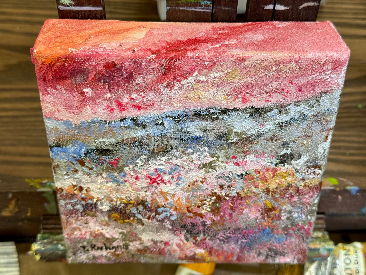 Red Sunset Oil Painting 6x6, Original Art Landscape, Flower Field Wall Art, Meadow Artwork