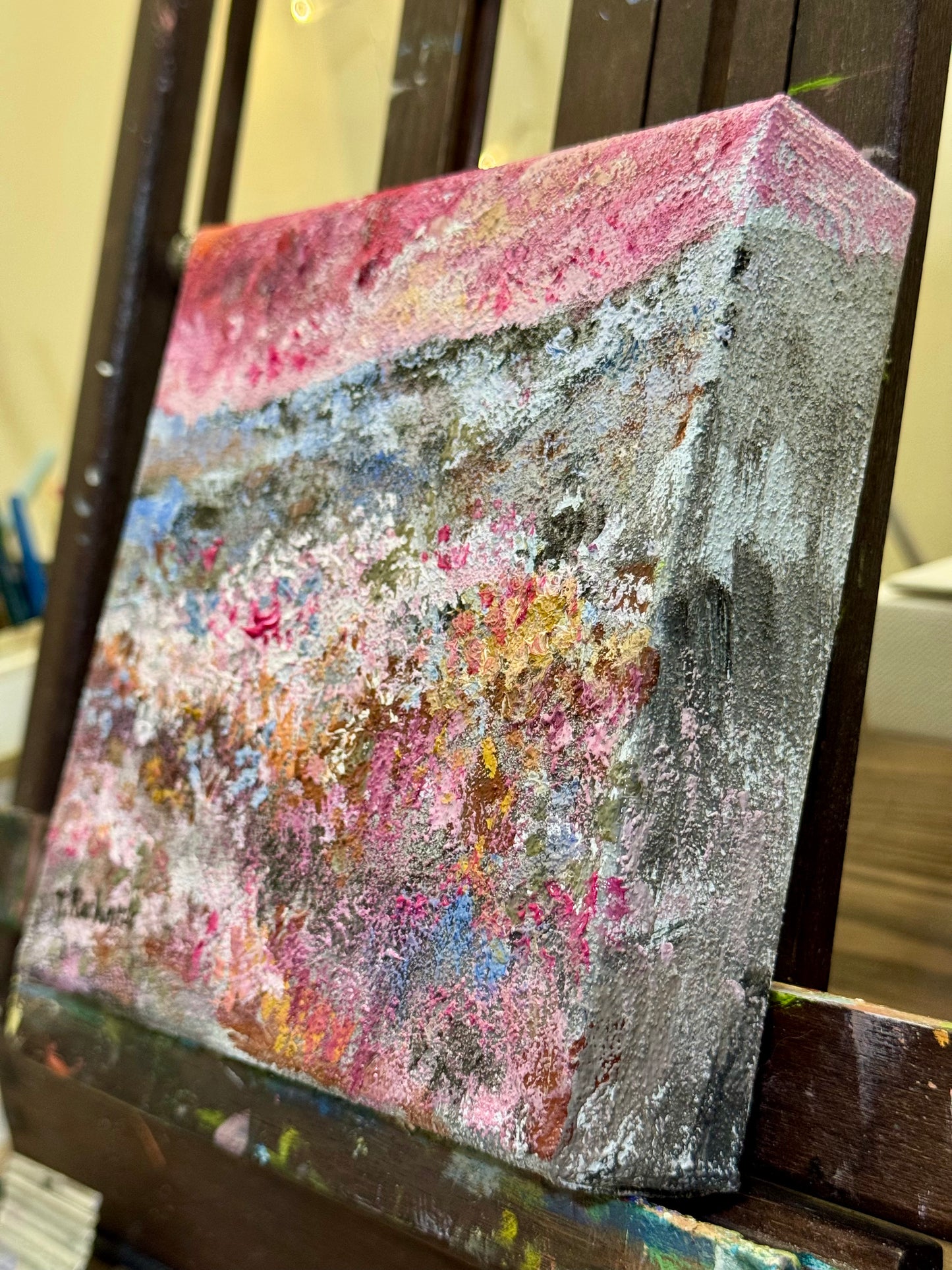 Red Sunset Oil Painting 6x6, Original Art Landscape, Flower Field Wall Art, Meadow Artwork