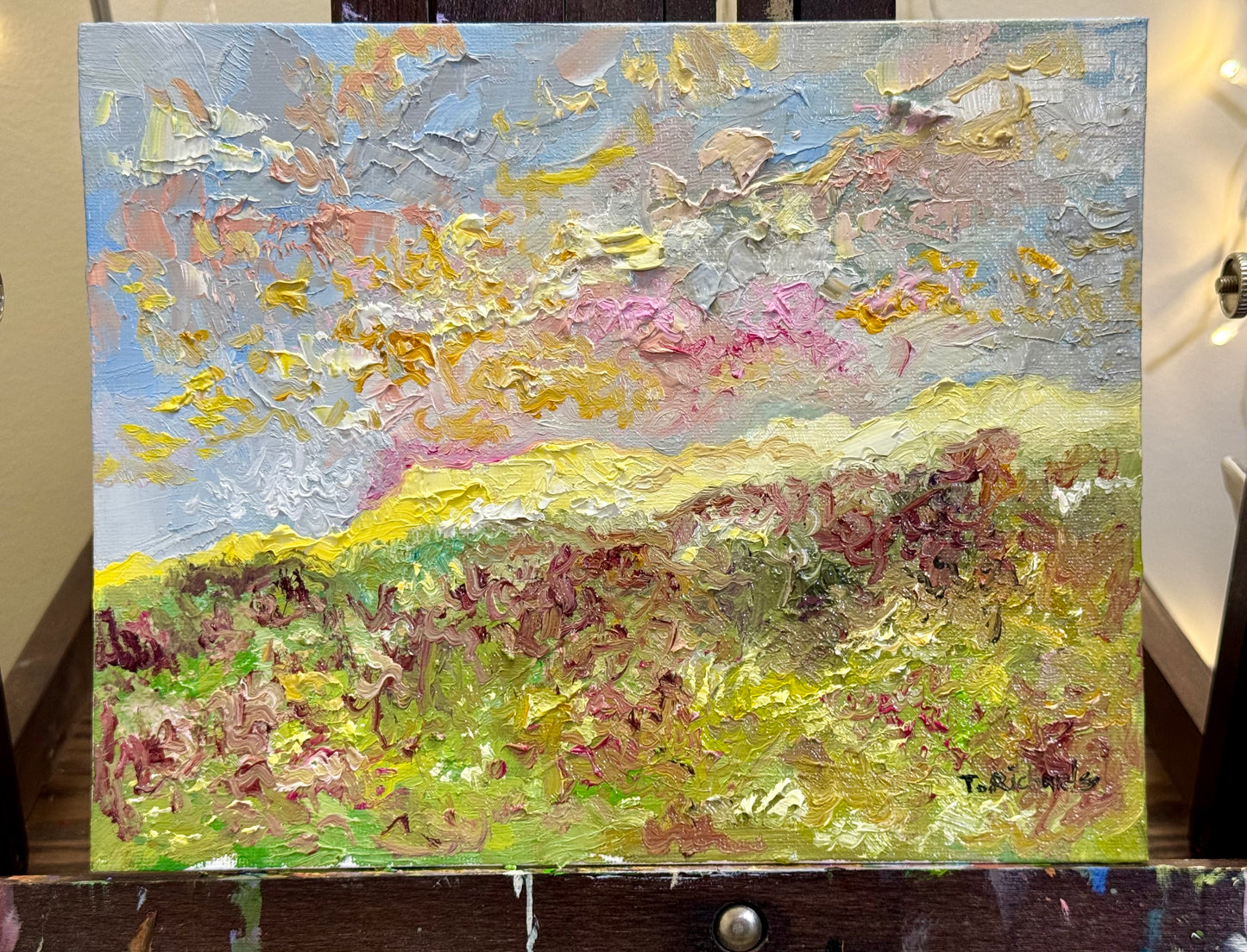 Spring Sunrise Field, 8x10 Original Art Oil Painting, Wildflower Landscape on Canvas Panel