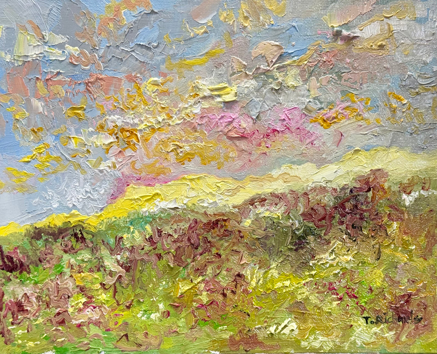 Spring Sunrise Field, 8x10 Original Art Oil Painting, Wildflower Landscape on Canvas Panel