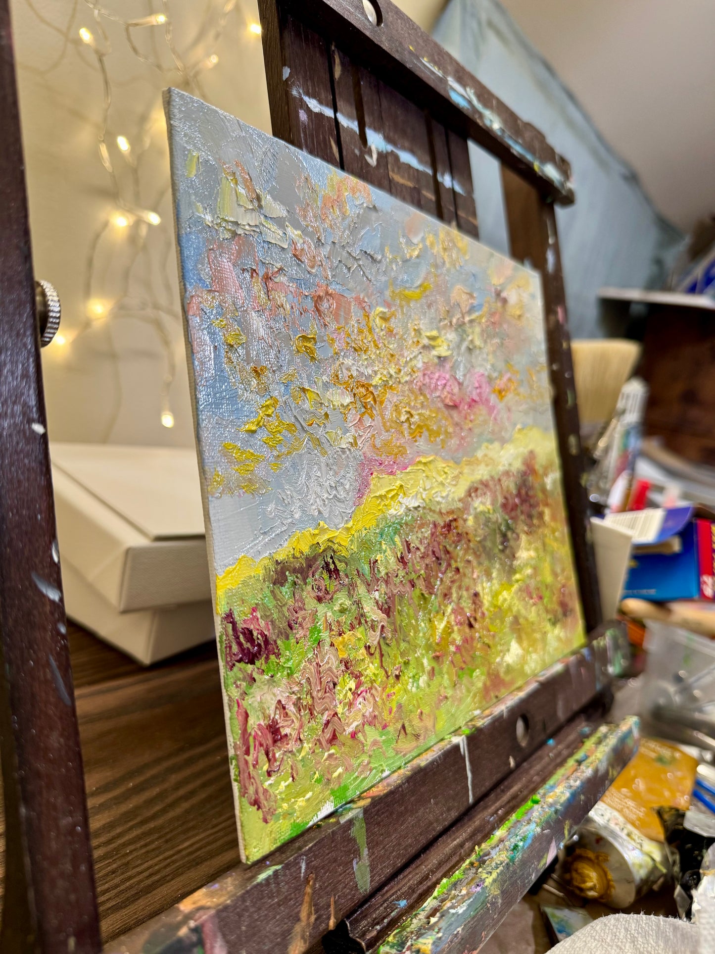 Spring Sunrise Field, 8x10 Original Art Oil Painting, Wildflower Landscape on Canvas Panel