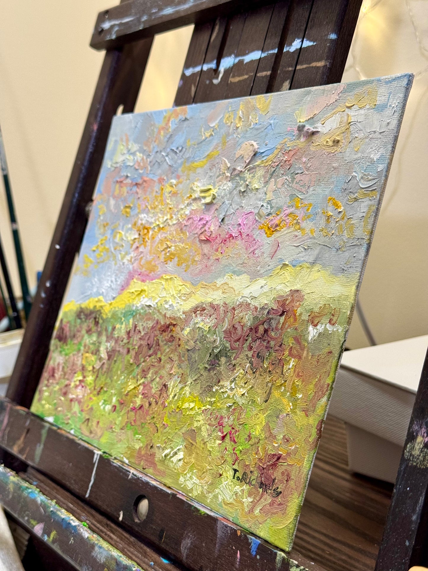 Spring Sunrise Field, 8x10 Original Art Oil Painting, Wildflower Landscape on Canvas Panel