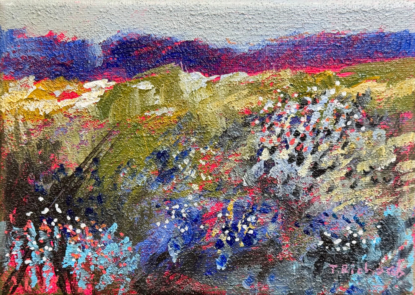 Blue Hour Acrylic Painting 5x7", Original Art Wildflower Field Prairie Landscape Wall Art