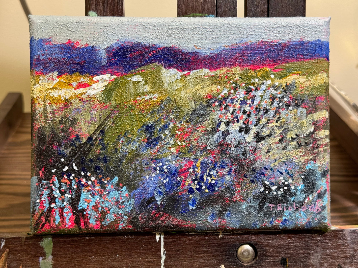 Blue Hour Acrylic Painting 5x7", Original Art Wildflower Field Prairie Landscape Wall Art