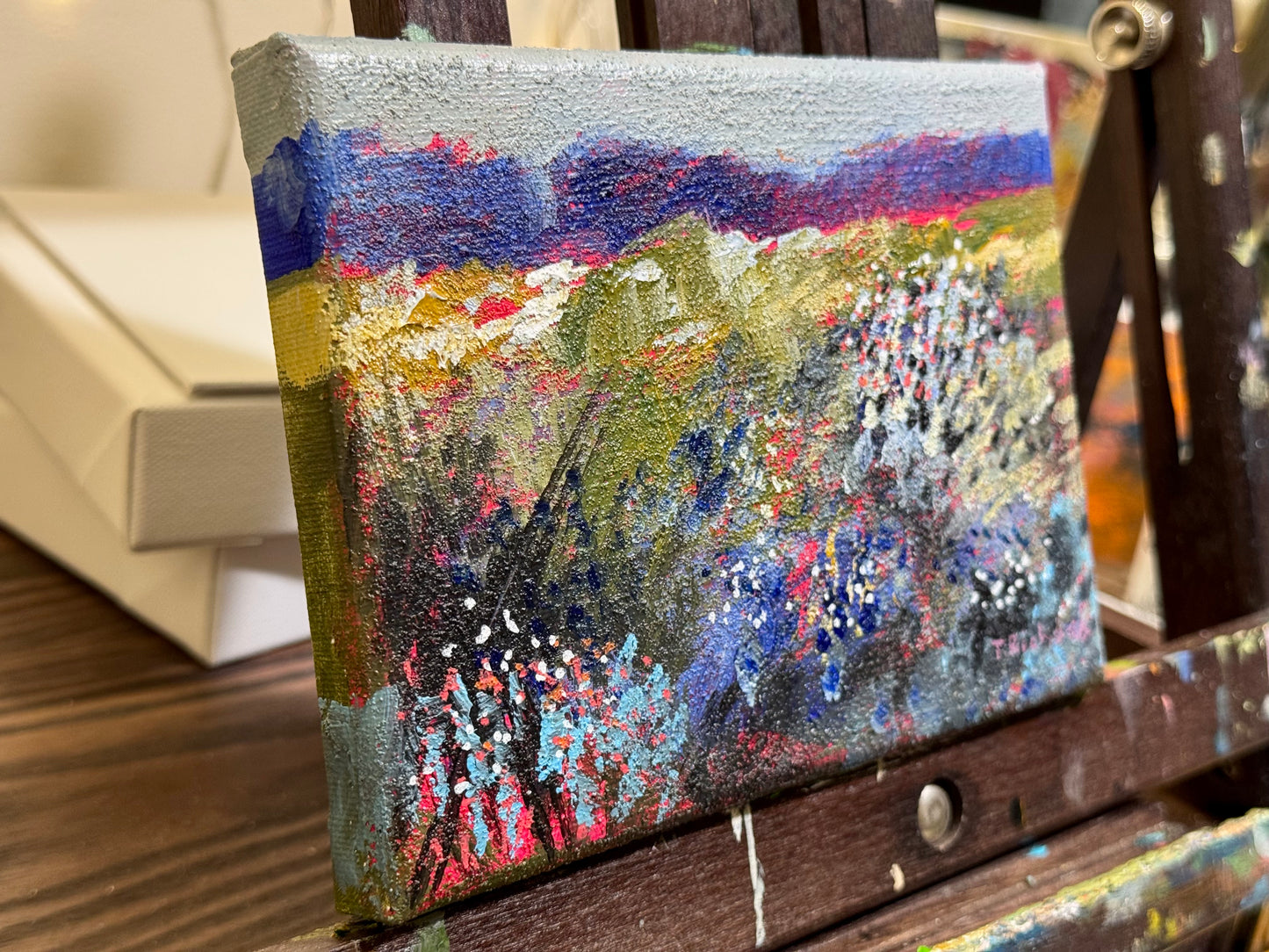 Blue Hour Acrylic Painting 5x7", Original Art Wildflower Field Prairie Landscape Wall Art