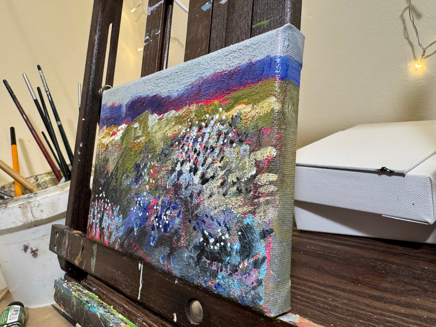 Blue Hour Acrylic Painting 5x7", Original Art Wildflower Field Prairie Landscape Wall Art