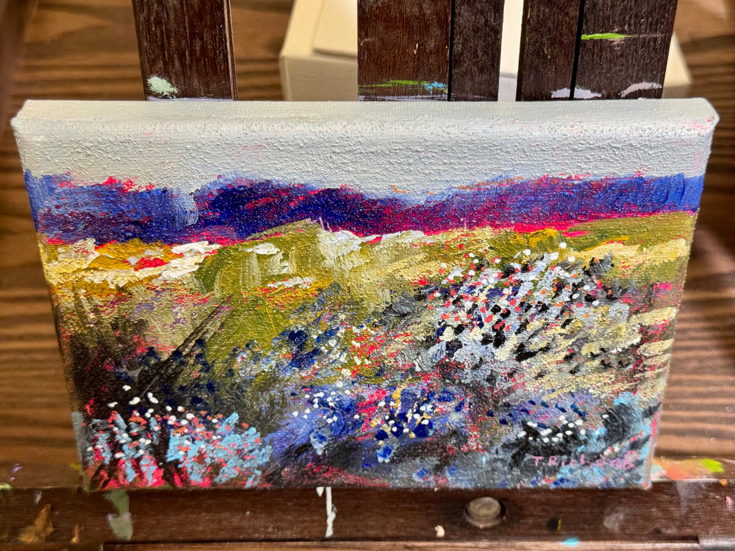 Blue Hour Acrylic Painting 5x7", Original Art Wildflower Field Prairie Landscape Wall Art