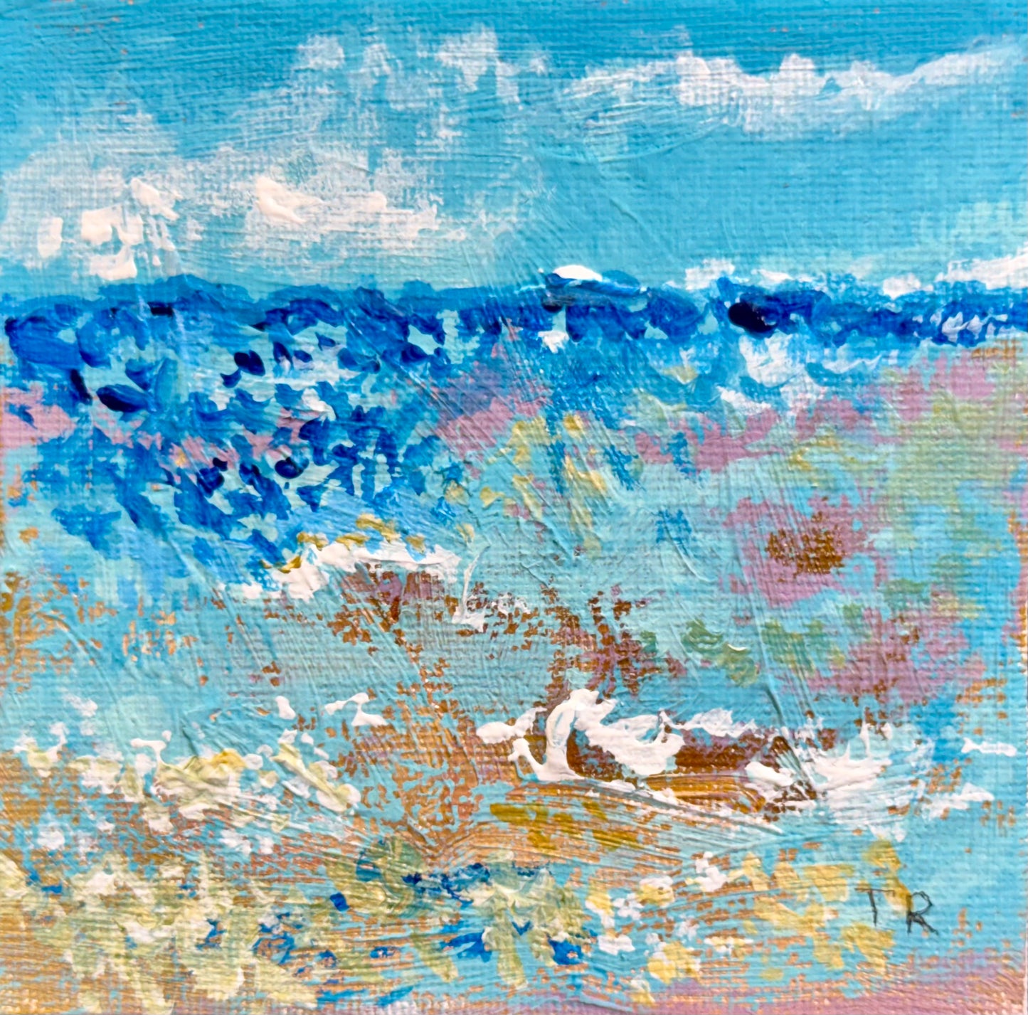Beach Acrylic Painting 4x4, Original Art Seascape Artwork, Nautical Wall Art Marine Landscape