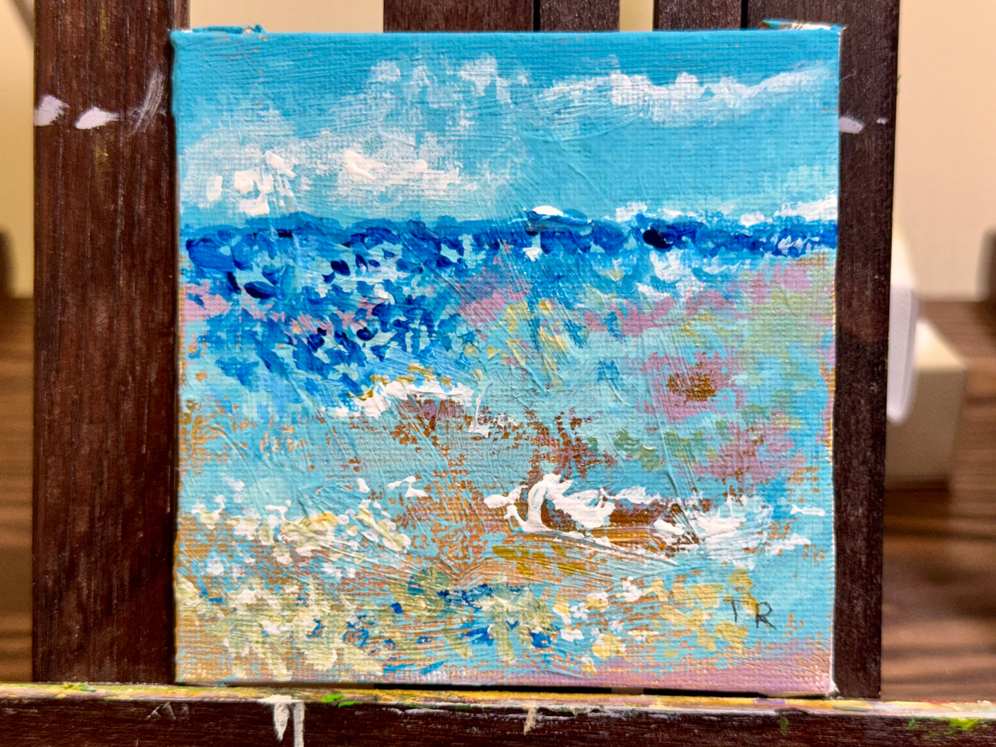 Beach Acrylic Painting 4x4, Original Art Seascape Artwork, Nautical Wall Art Marine Landscape