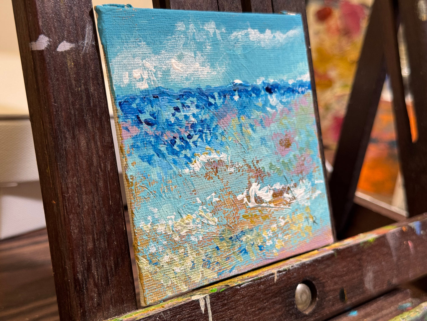 Beach Acrylic Painting 4x4, Original Art Seascape Artwork, Nautical Wall Art Marine Landscape