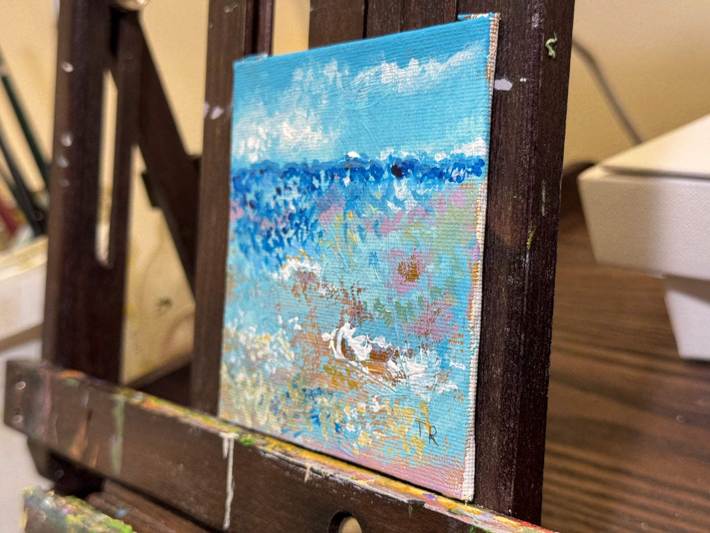 Beach Acrylic Painting 4x4, Original Art Seascape Artwork, Nautical Wall Art Marine Landscape