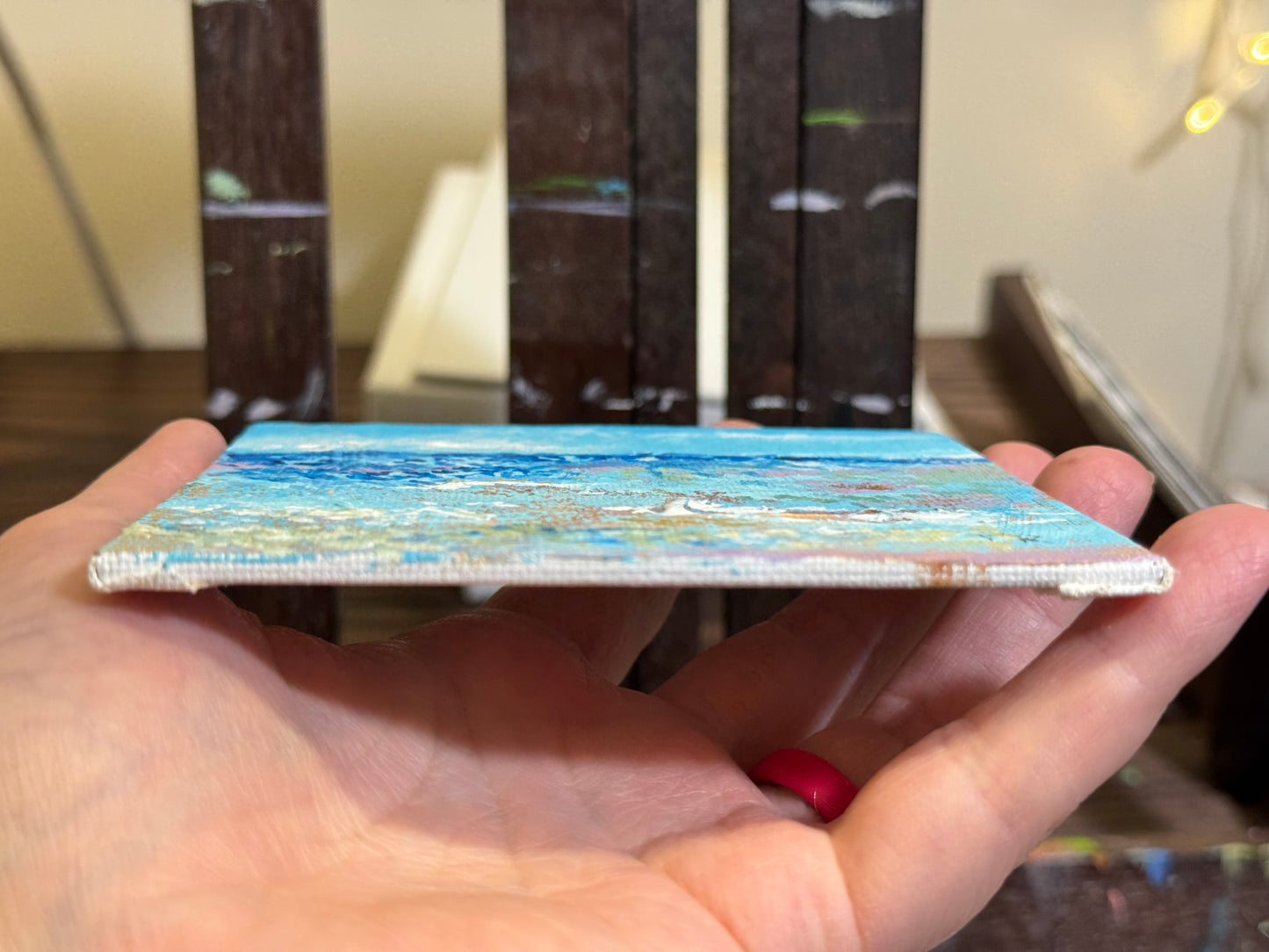 Beach Acrylic Painting 4x4, Original Art Seascape Artwork, Nautical Wall Art Marine Landscape