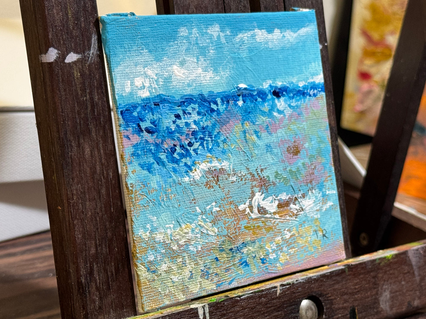 Beach Acrylic Painting 4x4, Original Art Seascape Artwork, Nautical Wall Art Marine Landscape