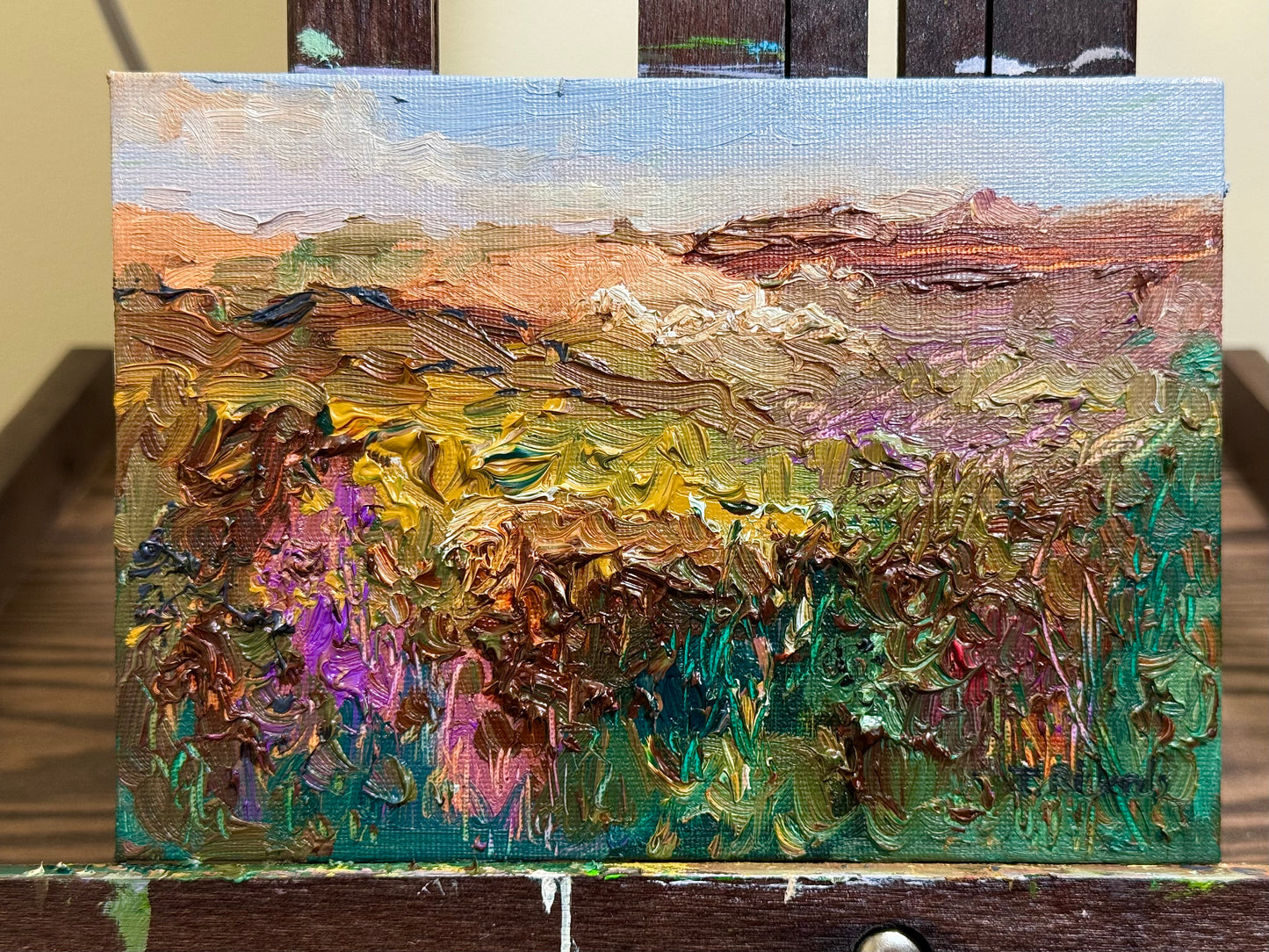 Meadow Oil Painting 5x7, Original Art Landscape, Flower Field, Nature Art