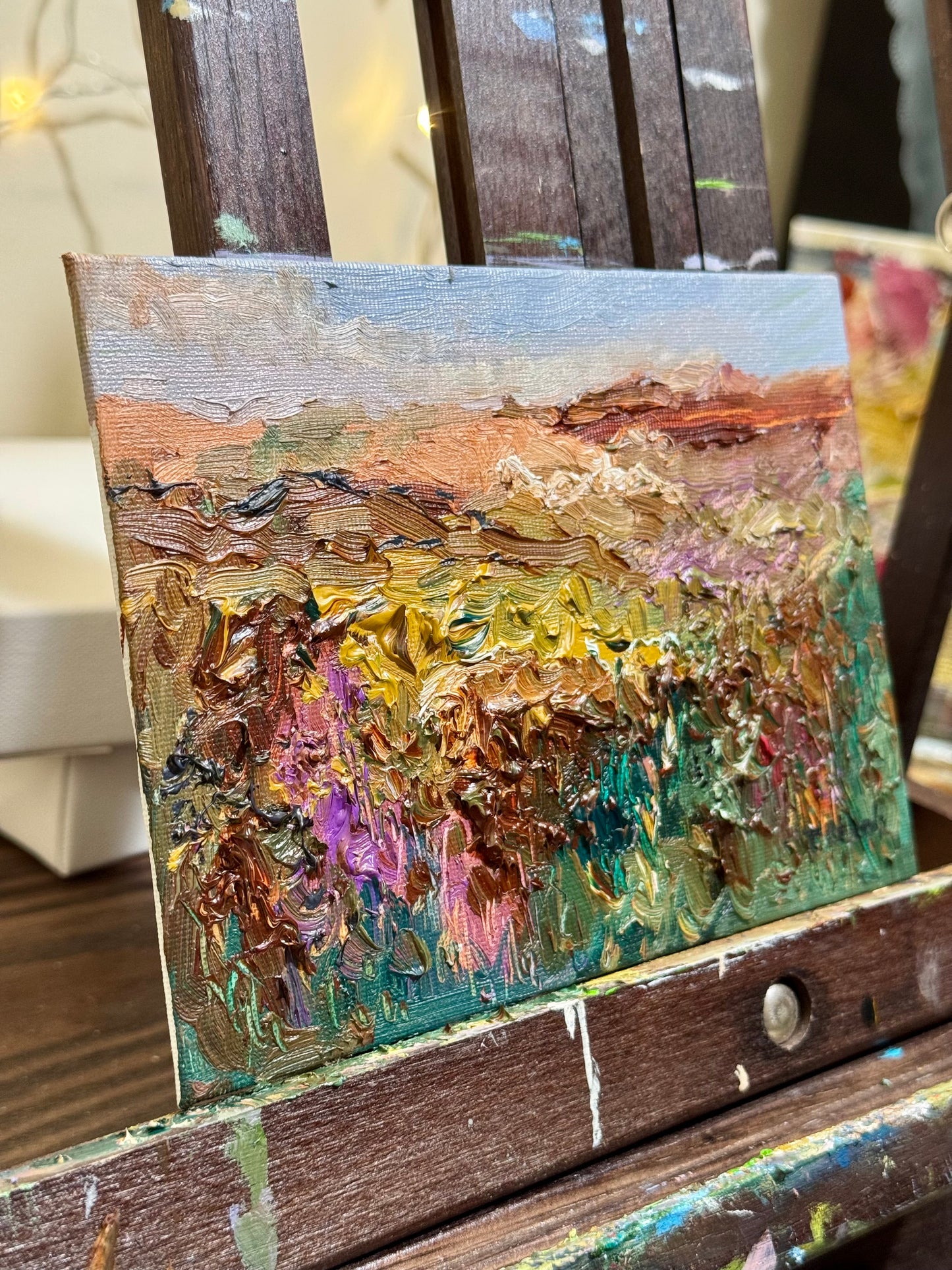 Meadow Oil Painting 5x7, Original Art Landscape, Flower Field, Nature Art