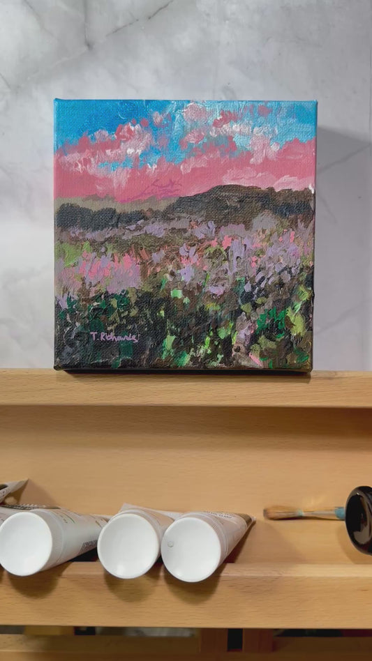 Pink Sunset Acrylic Painting 6x6, Original Art Landscape, Flower Field Wall Art, Meadow Artwork