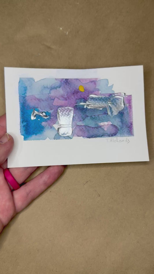 Blue Hour Abstract Painting Original Art Night Landscape, Acrylic on Paper 3.5x5”