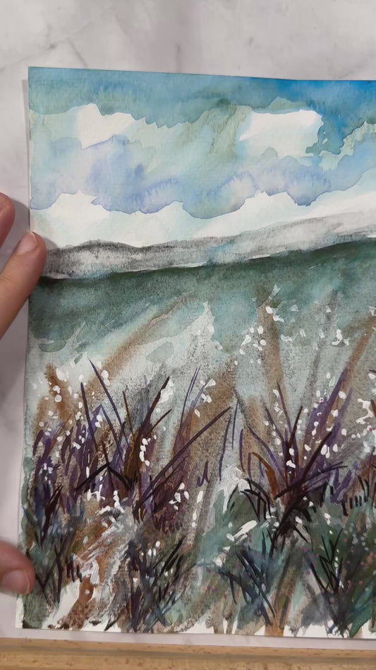Wildflower Field Watercolor Painting 9x12" Original Art, Landscape Artwork