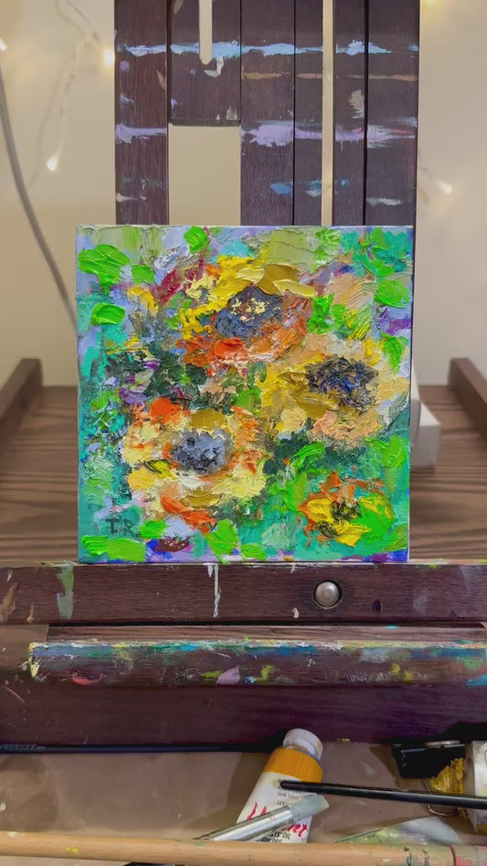 Sunflowers Oil Painting 6x6, Original Floral Botanical Wall Art, Flowers on Canvas Panel