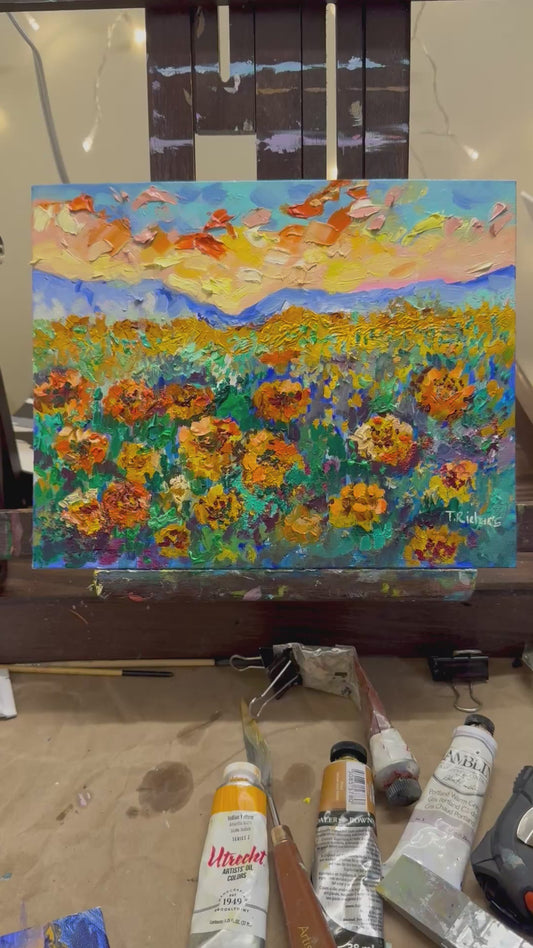 Marigold Field Original Art Oil Painting 8x10, Wildflower Landscape Sunrise