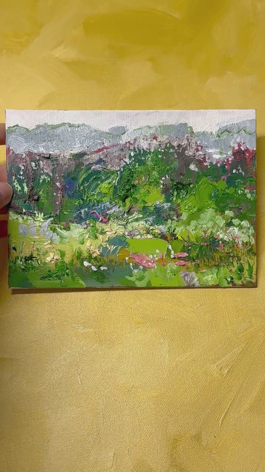 Meadow Oil Painting 5x7, Original Art Landscape, Forest Field, Small Mountain Nature Art