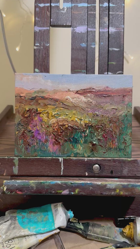 Meadow Oil Painting 5x7, Original Art Landscape, Flower Field, Nature Art