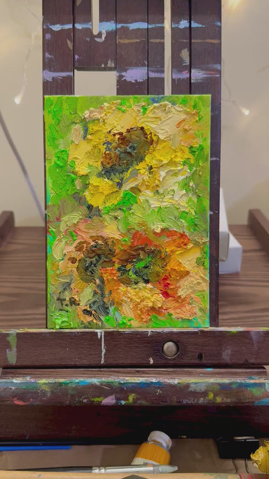 Sunflowers Oil Painting 5x7, Original Art Floral Still Life Flowers Artwork, Small Wall Art