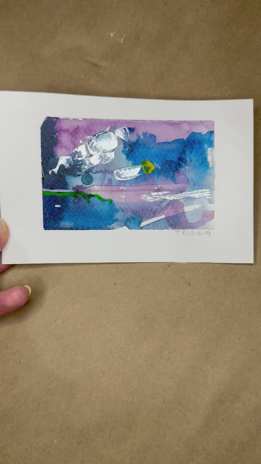 Blue Hour Abstract Painting Original Art Night Landscape, Acrylic on Paper 4x6”