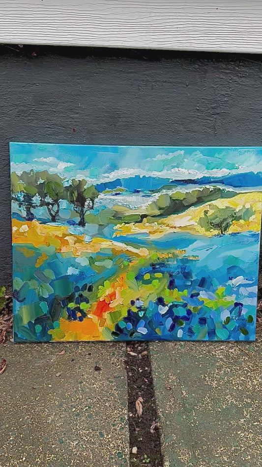 Flower Field Lupines Original Painting, Landscape Oil Artwork, Blue flowers, Forest Trail 16x20”