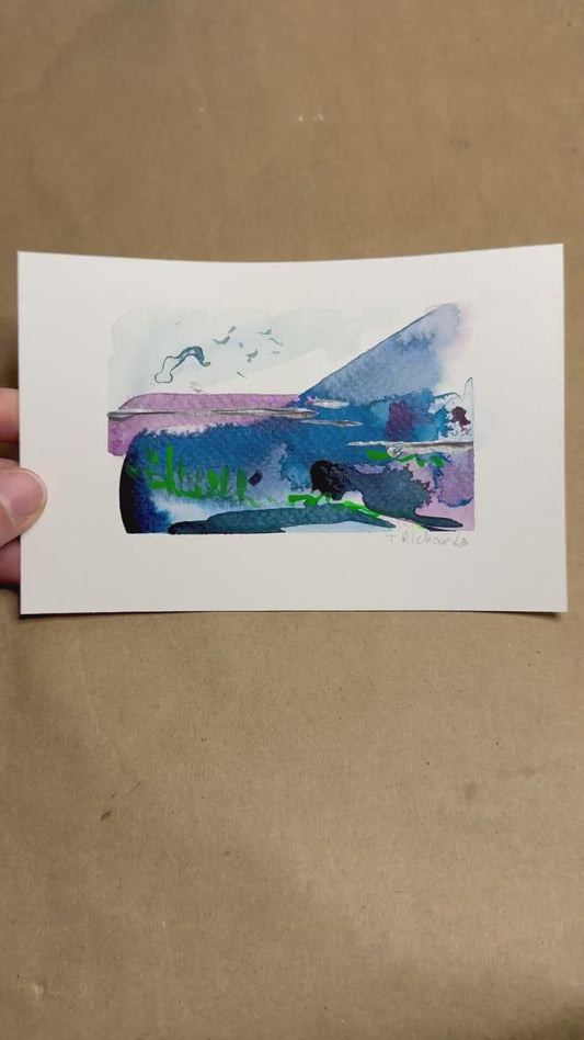 Blue Hour Painting, Original Art, Night Abstract Landscape, Acrylic on Paper 4x6"