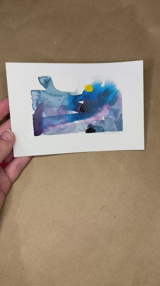 Blue Hour Abstract Painting Original Art Night Landscape, Acrylic on Paper 4x6”