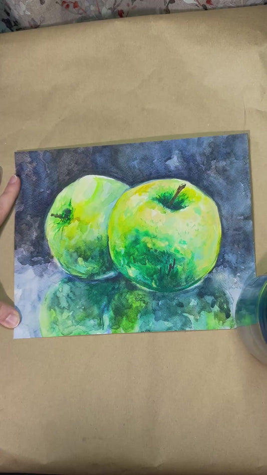 Green Apple Watercolor Painting Original Art, 8x10" Fruit Still Life Artwork