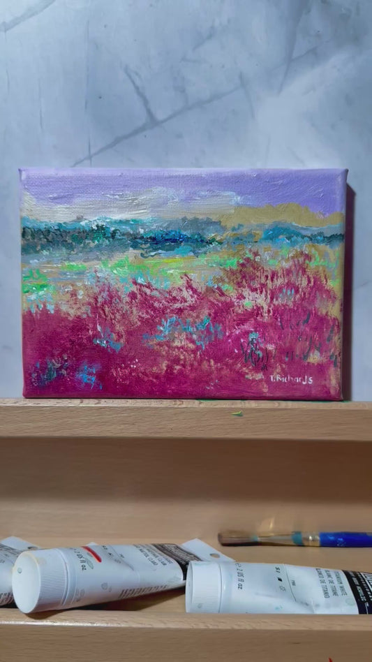 Blueberry Field Acrylic Painting 5x7", Maine Original Art, Landscape Wall Art