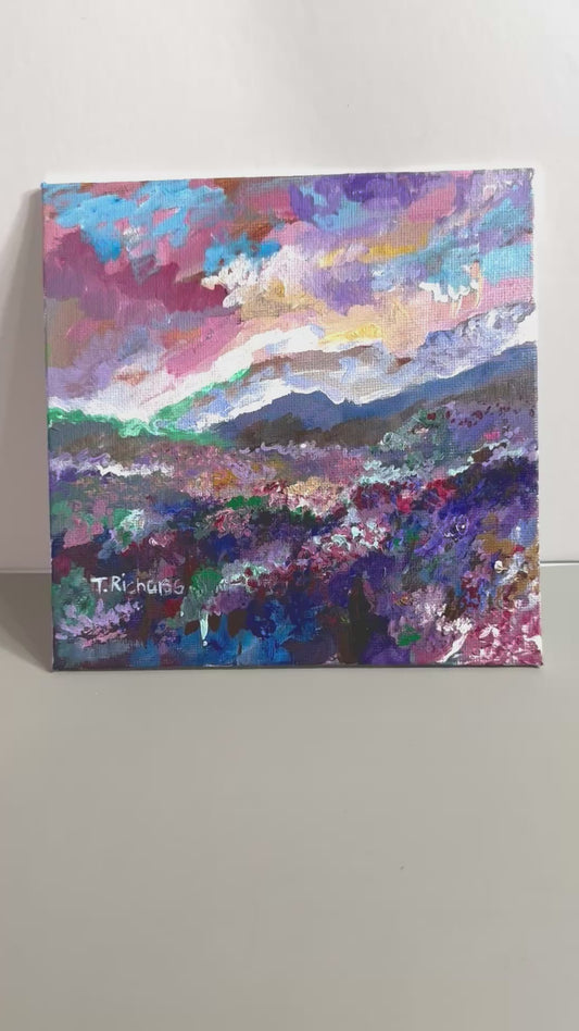 Meadow Acrylic Painting 6x6, Original Art Landscape, Sunset Field Nature Artwork