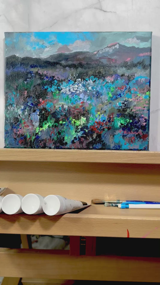 Blue Hour Acrylic Painting 8x10", Original Art Wildflower Night Field Landscape
