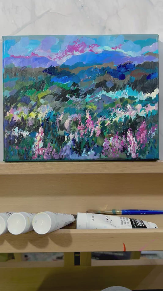 Blue Hour Acrylic Painting 8x10", Original Art Wildflower Evening Field Landscape