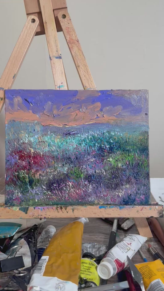 Original Oil Painting 8x10" – Wildflower Meadow Sunset – Pink Purple Sky – Landscape Wall Art – Floral Nature Scene – Signed Artwork