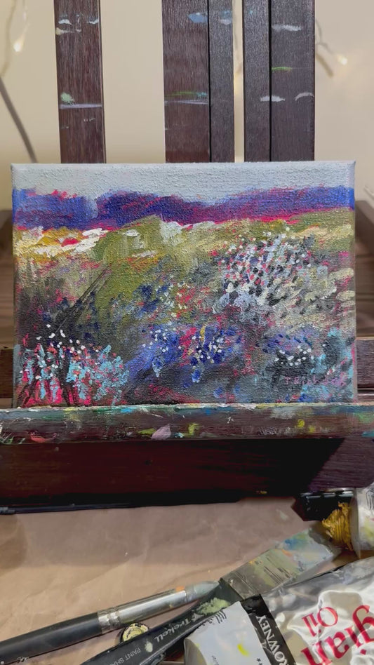 Blue Hour Acrylic Painting 5x7", Original Art Wildflower Field Prairie Landscape Wall Art