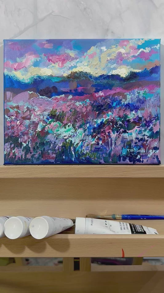 Blue Hour Acrylic Painting 8x10", Original Art Wildflower Evening Field Landscape