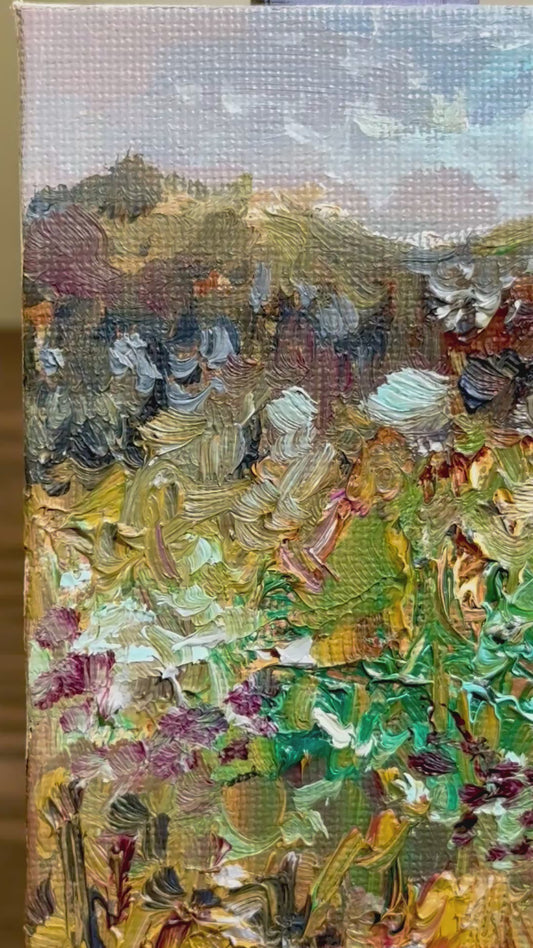 Wildflower Meadow Oil Painting 5x7, Original Art Landscape, Textured Flower Field, Nature Art