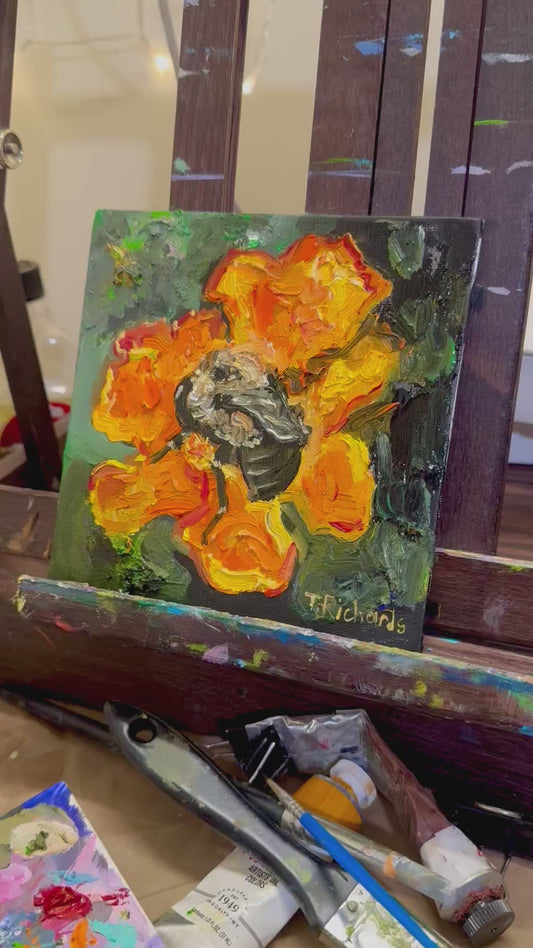 Bumblebee on Marigold Oil Painting 6x6, Original Floral Botanical Wall Art, Flower on Canvas Panel