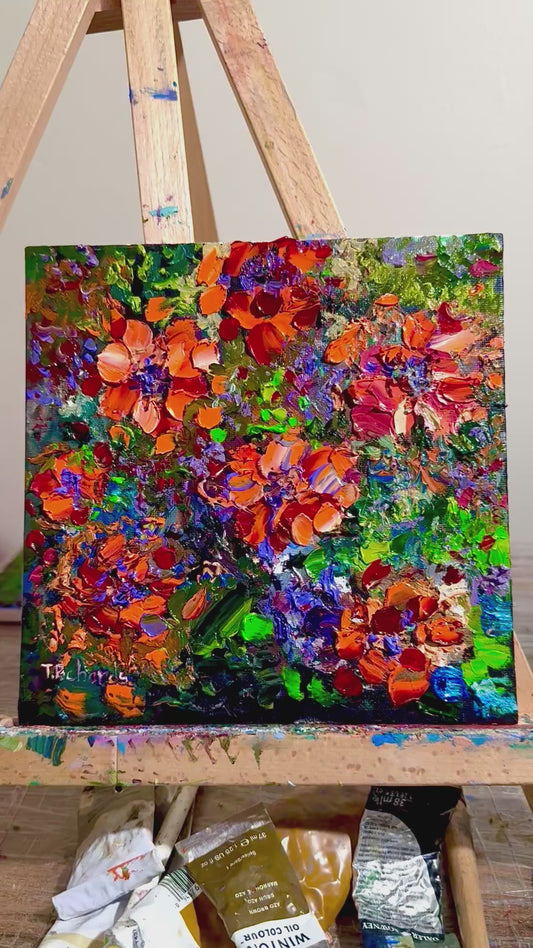 Marigold Oil Painting 8x8, Original Floral Art Panel, Bold Impasto Flowers, Garden Wall Decor, Cottagecore Gardener Gift